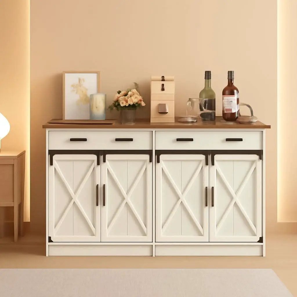White Brown Farmhouse Buffet Cabinet Adjustable Shelves