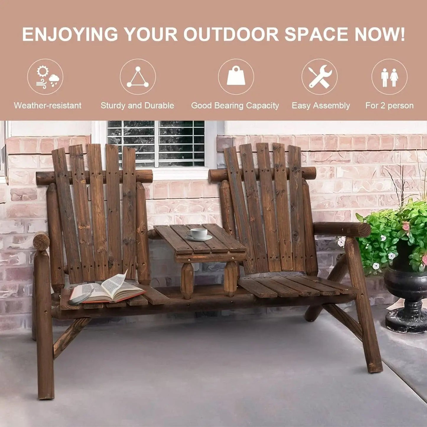 Two-Seat Wooden Adirondack Chair With Integrated Table from PriceLows™