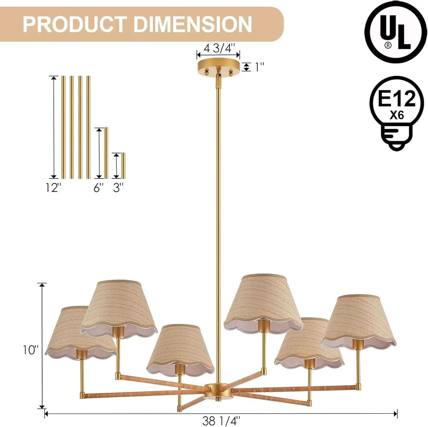 39 Inch Boho Rattan Chandelier Pendant Light 6 Lights from PriceLows™