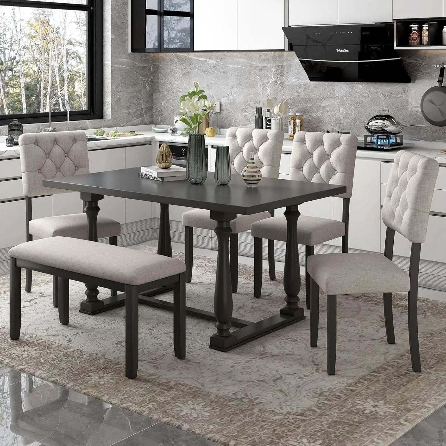 Six Person Premium Solid Wood Dining Table Set Bench from PriceLows™