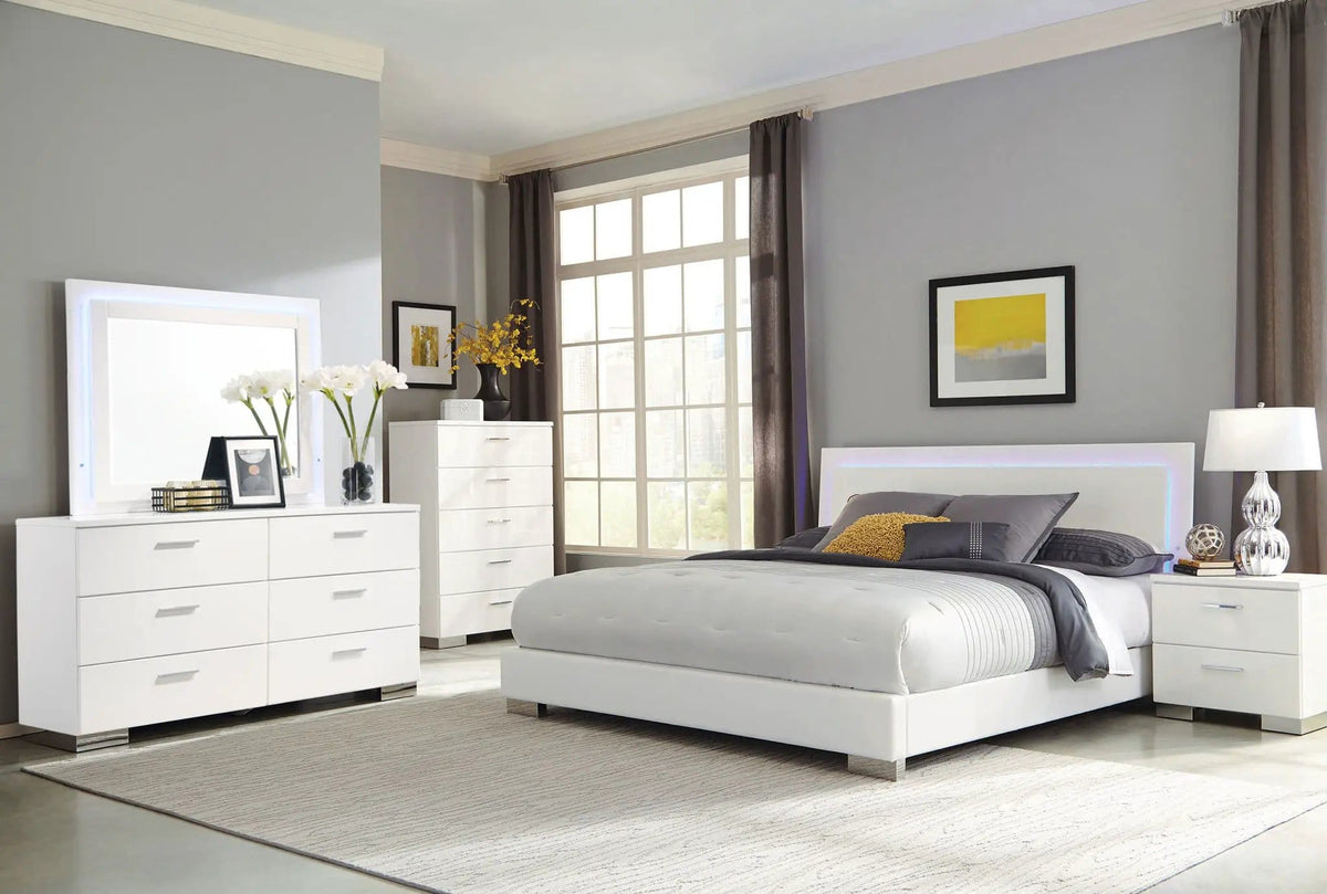 Felicity 5-piece Queen Bedroom Set White High Gloss | 5-Piece Set | Faux Leather | Bedroom