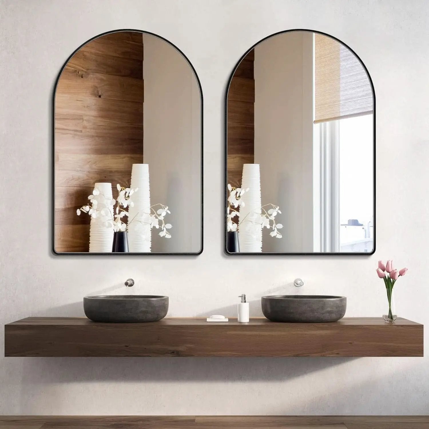 24x36 Inch Black Arched Wall Mounted Mirror With Brushed Metal Frame For Bathroom Vanity from PriceLows™
