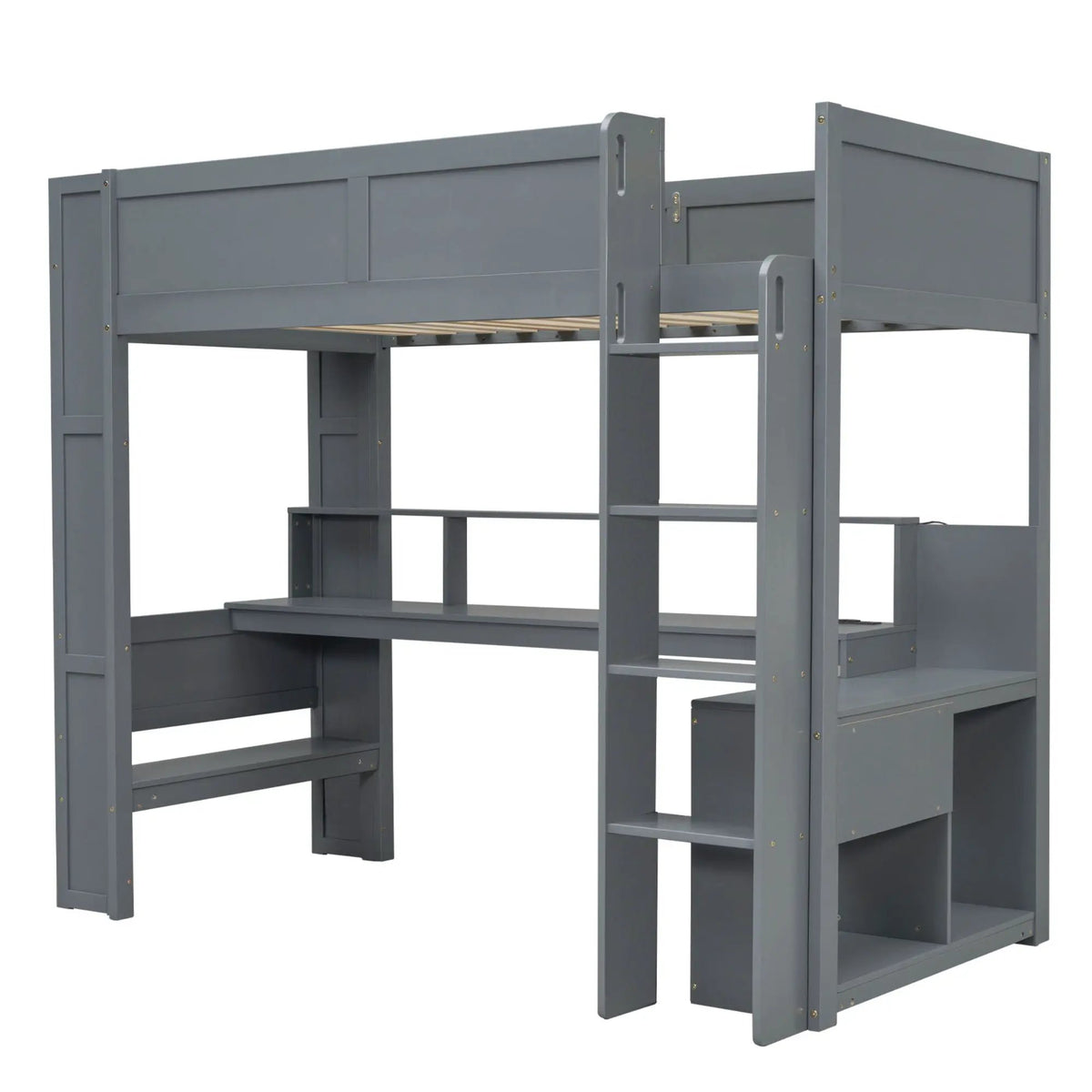 Gaming Loft Bed With Desk | Multi Storage Shelves | LED Lights | Charging Station