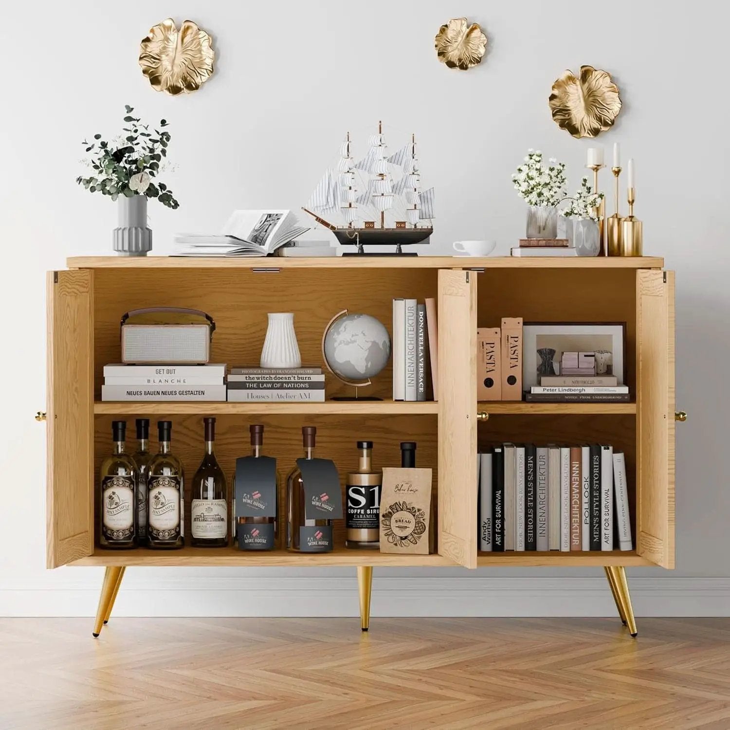 Natural Finish Buffet Cabinet Pair With Rattan Doors from PriceLows™