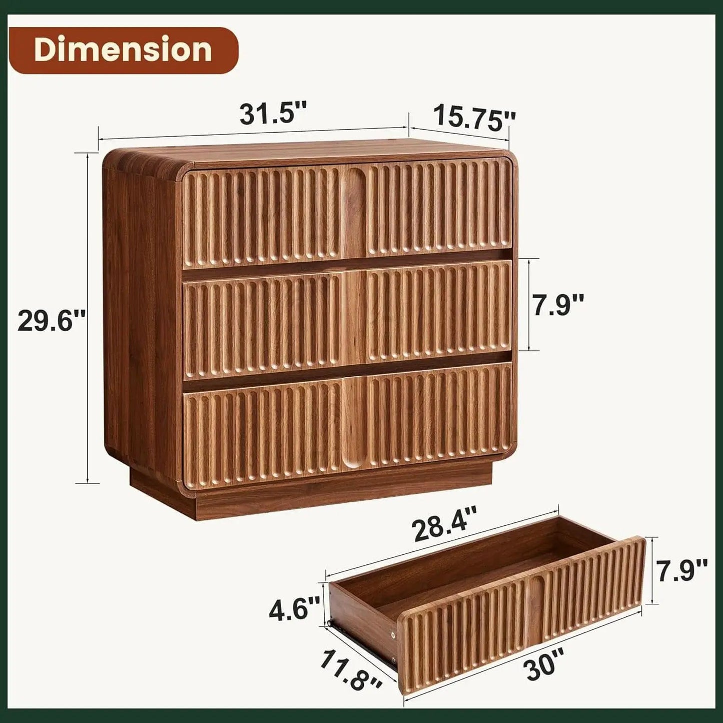 Walnut Fluted Three Drawer Dresser 31 Inch Wide Storage from PriceLows™