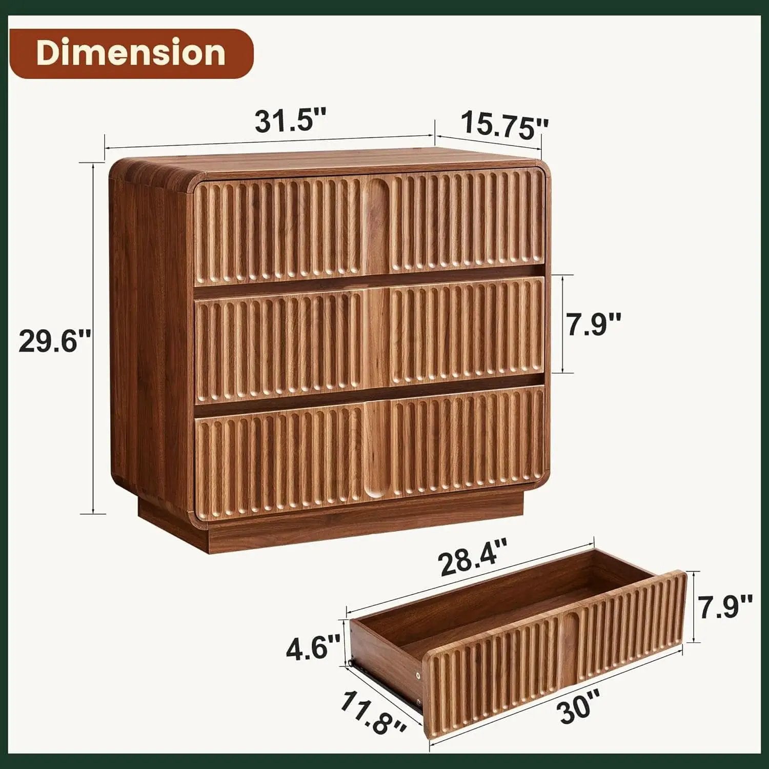 Walnut Fluted Three Drawer Dresser 31 Inch Wide Storage from PriceLows™