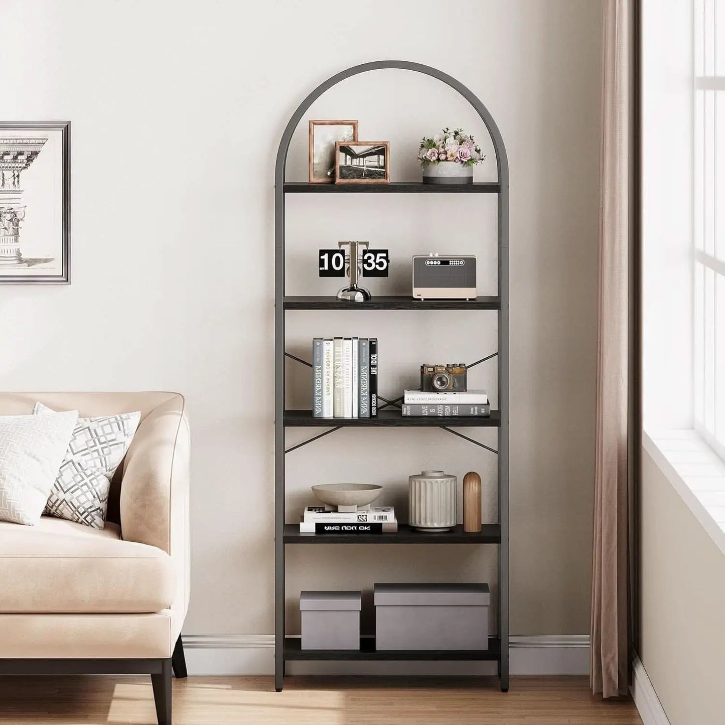 Tall Black Arched Bookcase With 5 Open Shelves For Living Room from PriceLows™