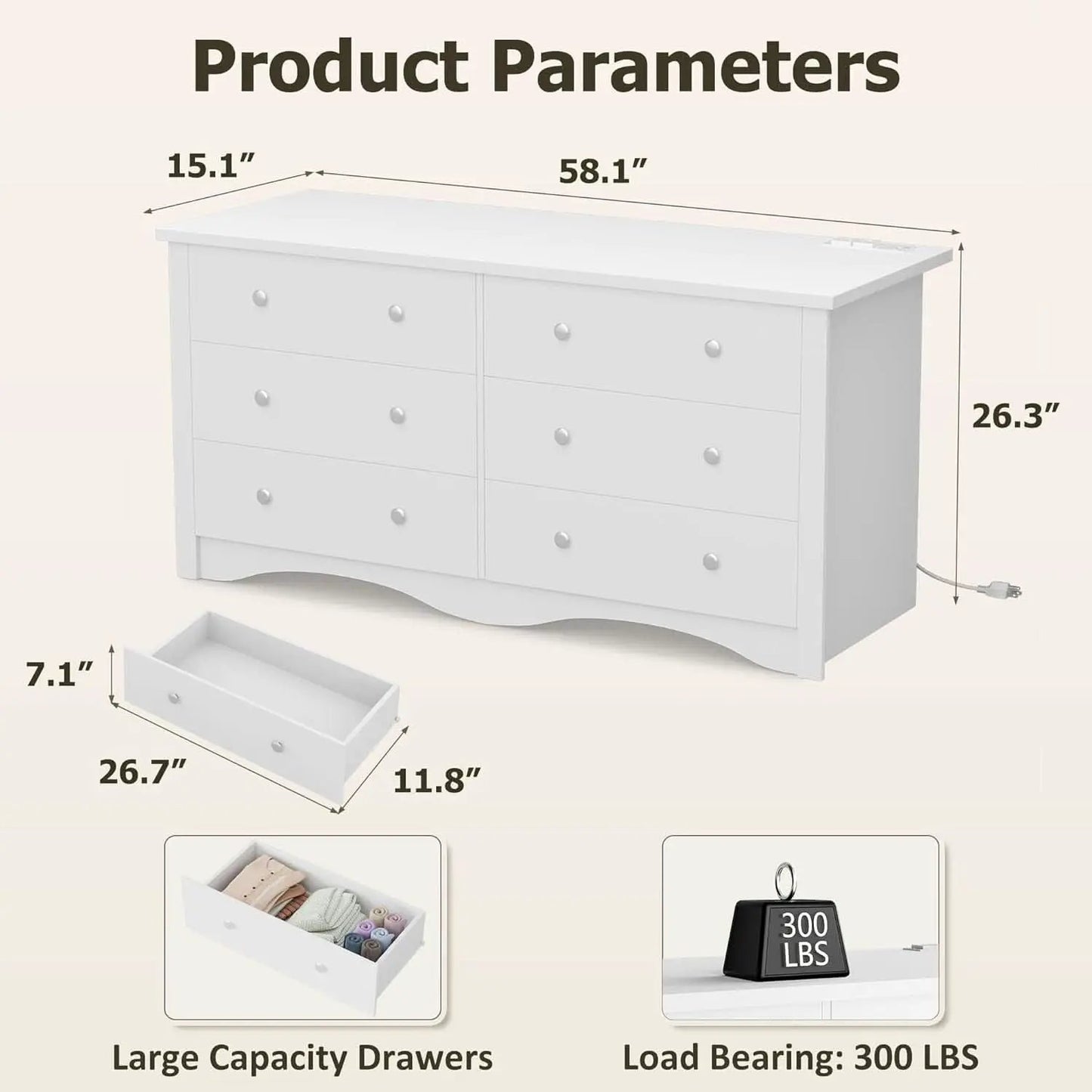 Eggshell WardrobeSystem Six Drawer Dresser With USB Type C Charging from PriceLows™