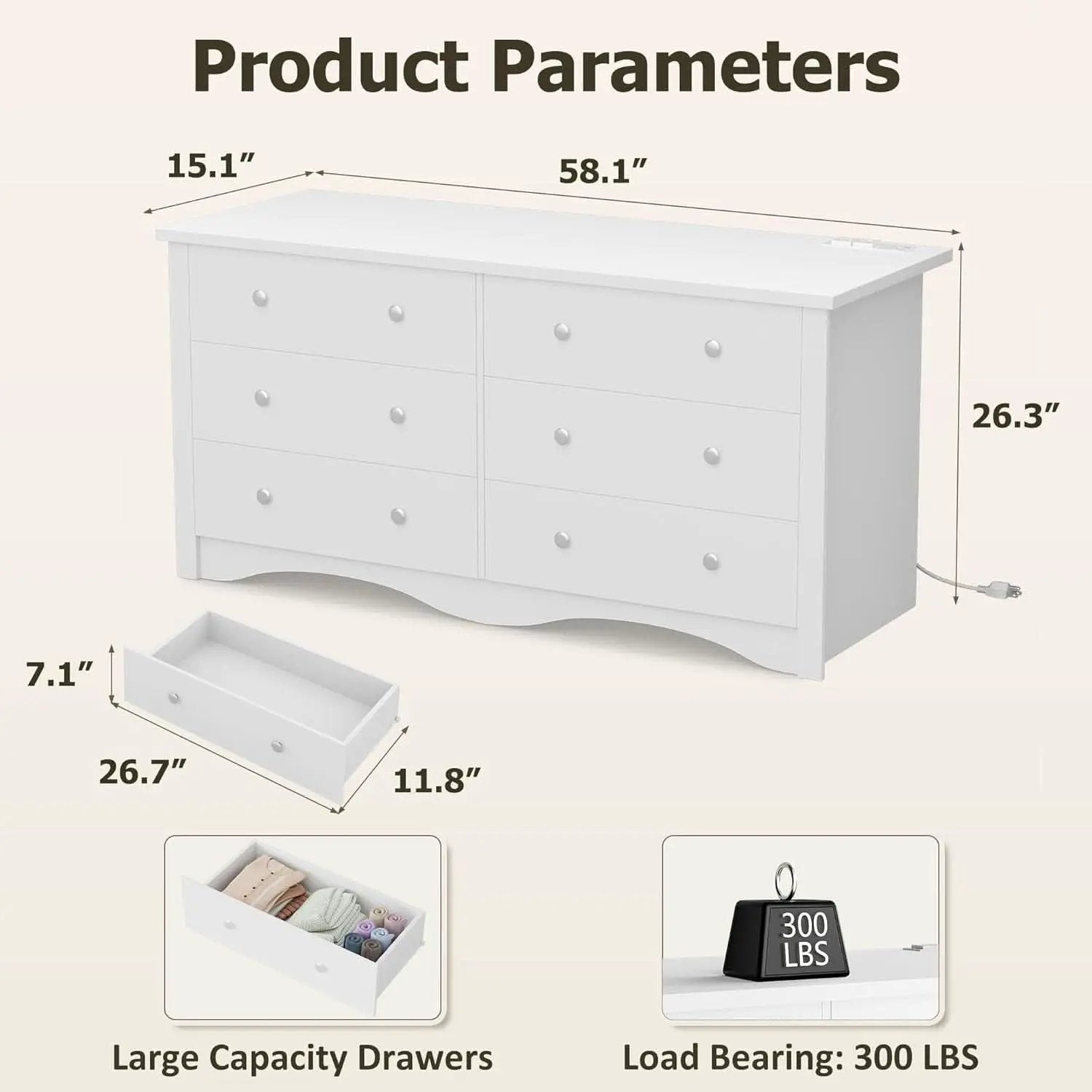 Eggshell WardrobeSystem Six Drawer Dresser With USB Type C Charging from PriceLows™