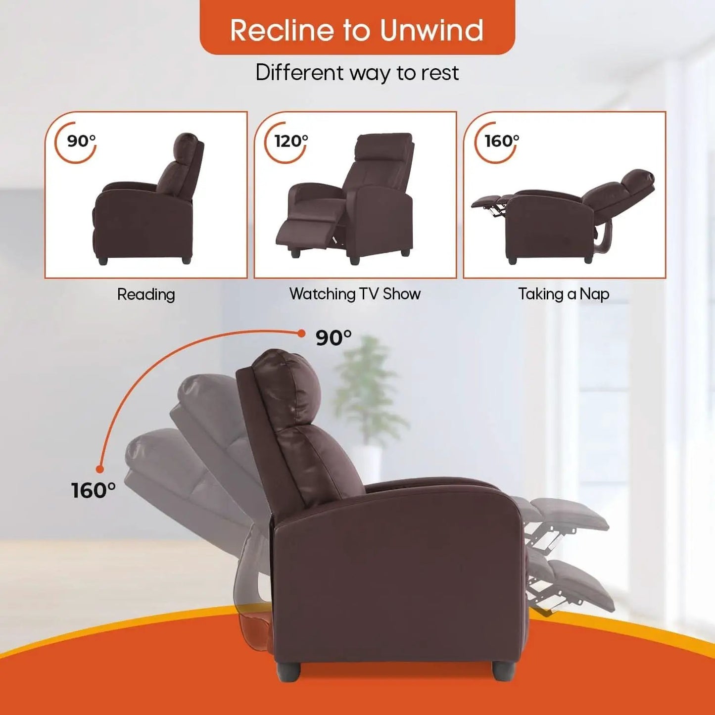 Recliner Chair Brown Adjustable Living Room Armchair from PriceLows™
