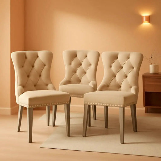 Leather Wingback Dining Chairs | Beige Leather Upholstery With Nailhead Trim | Ergonomic High Back Design For Comfort | Set Of 4