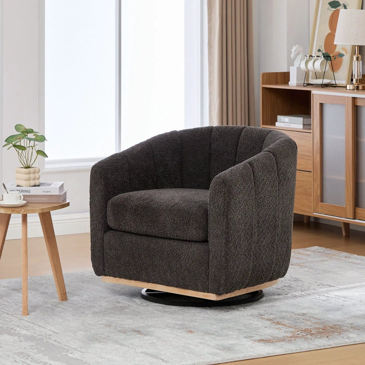 Swivel Upholstered Barrel Chair With Metal Base | Swivel Chair | Fabric & Iron | Home