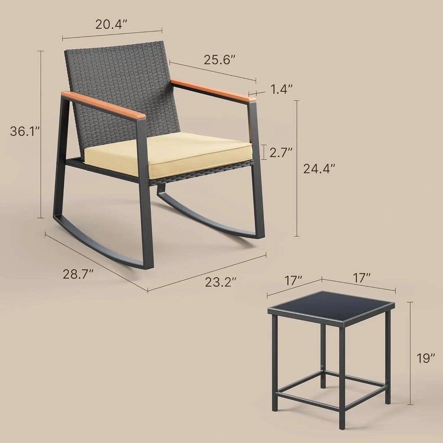 3 Piece Rocking Patio Bistro Set With Anti Scald Armrests Glass Table Cushions Outdoor Wicker Furniture from PriceLows™