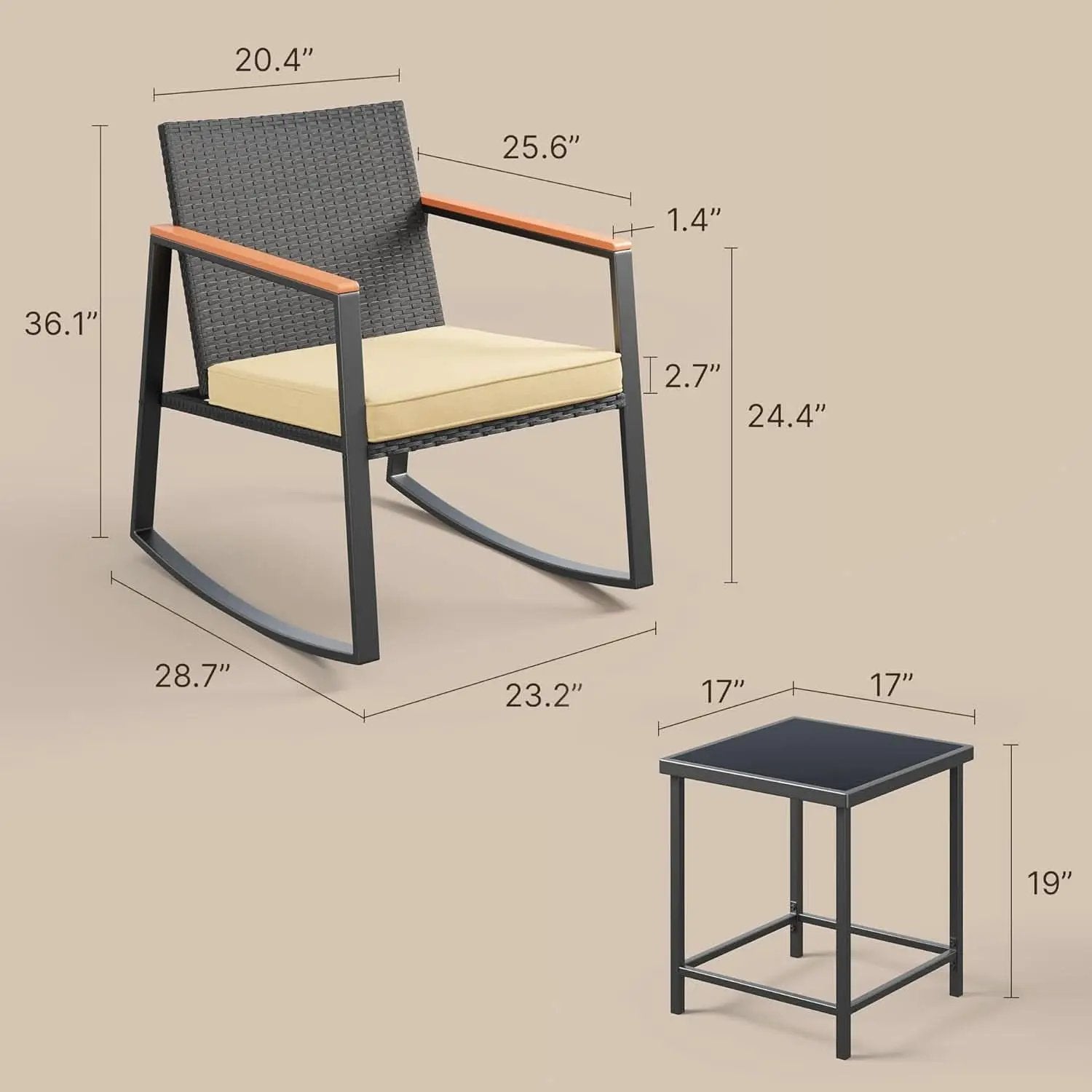 3 Piece Rocking Patio Bistro Set With Anti Scald Armrests Glass Table Cushions Outdoor Wicker Furniture from PriceLows™