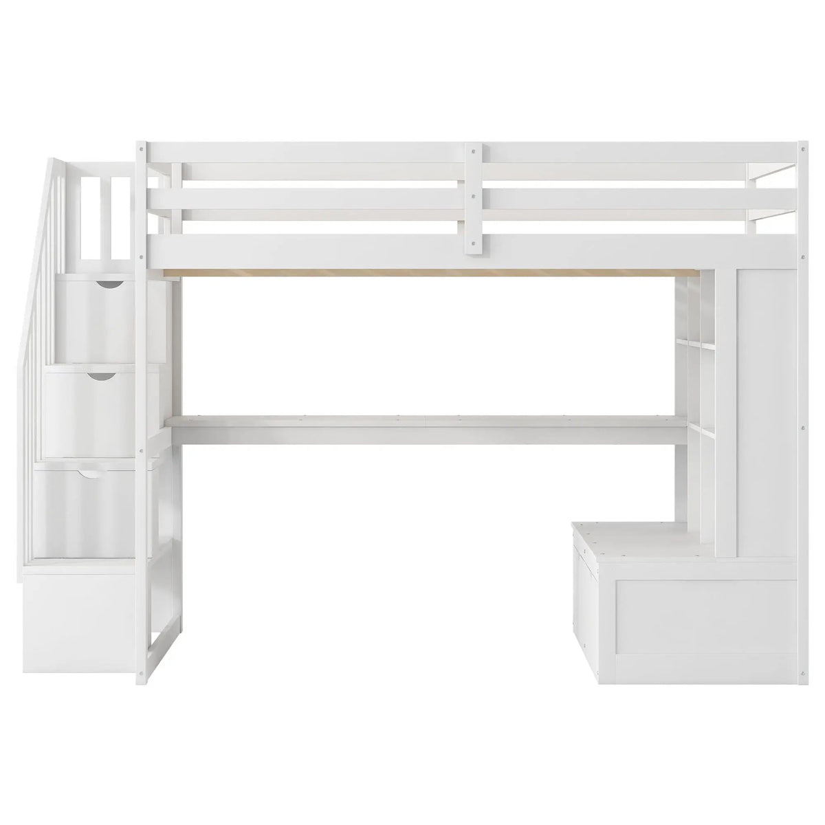 Full Size Loft Bed | Desk And Shelves | Storage Staircase | White