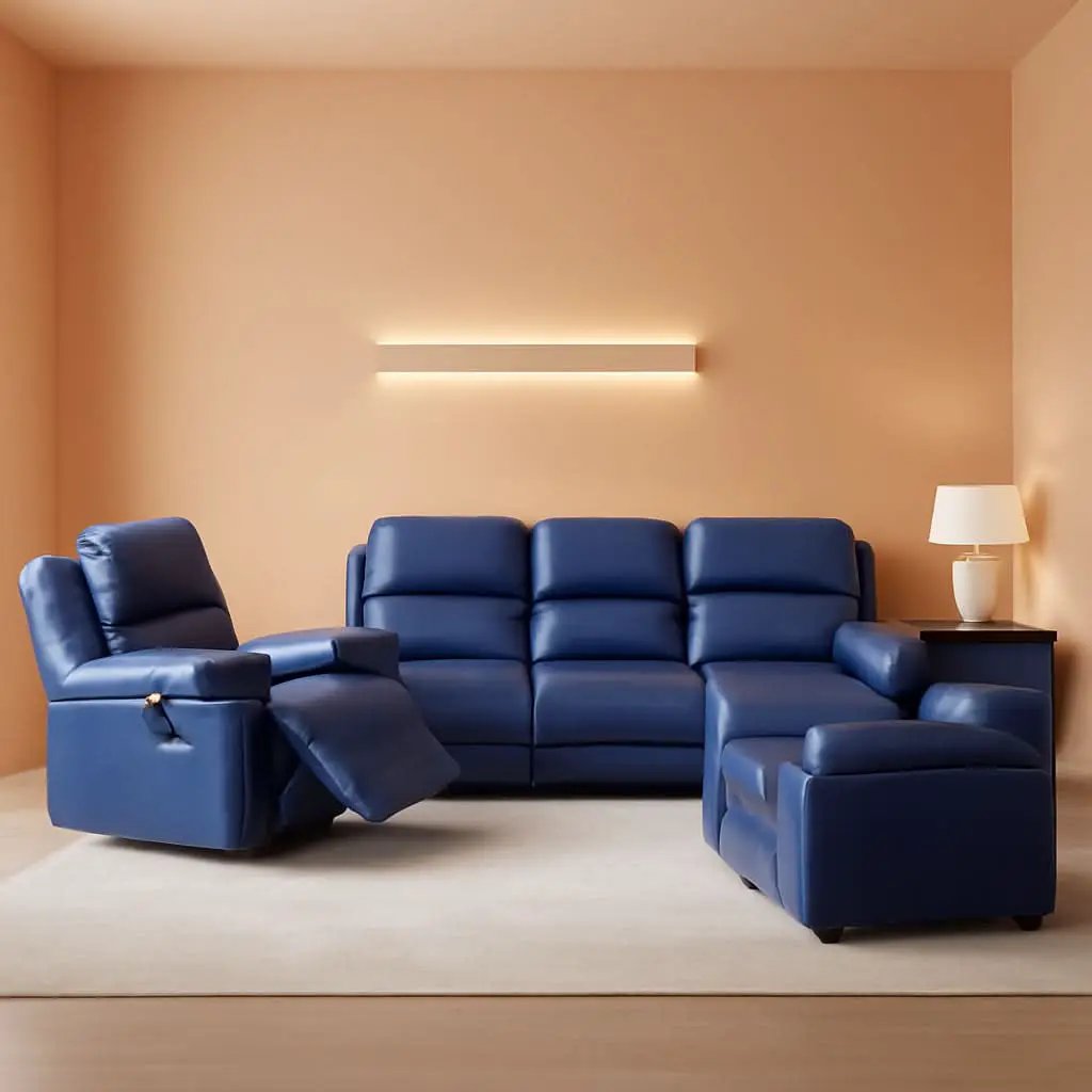Dark Blue Leather Recliner Sofa Set For Living Room 3 Piece from PriceLows™
