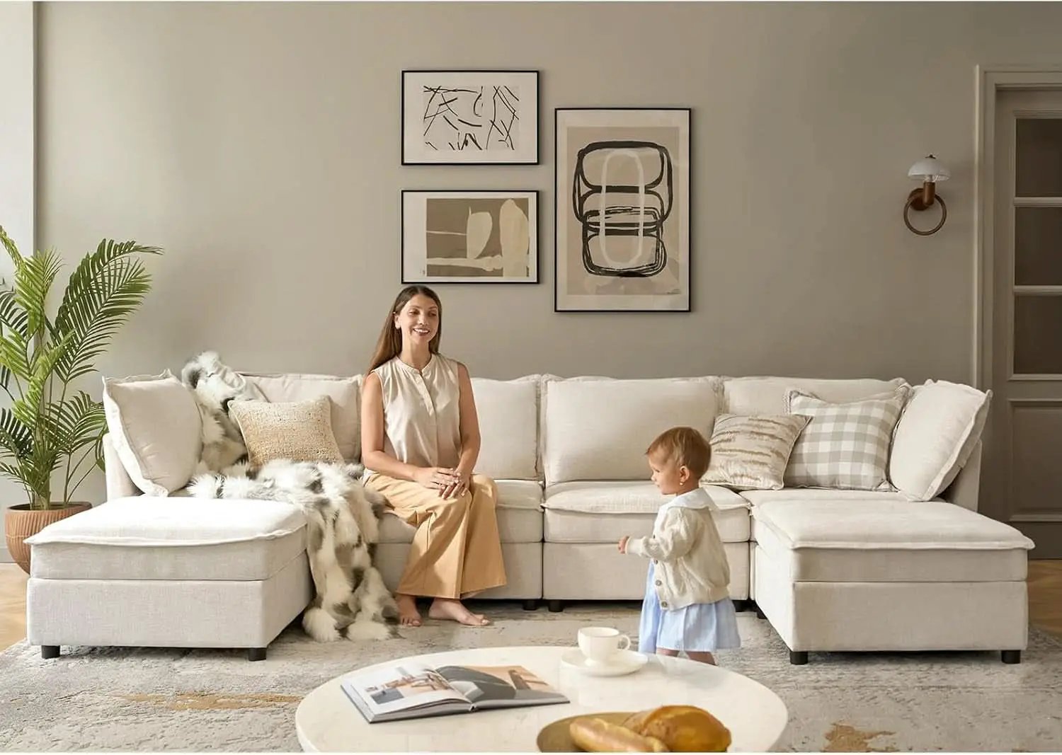 127 Inch Modular Sectional Sofa Beige with Storage Ottoman from PriceLows™
