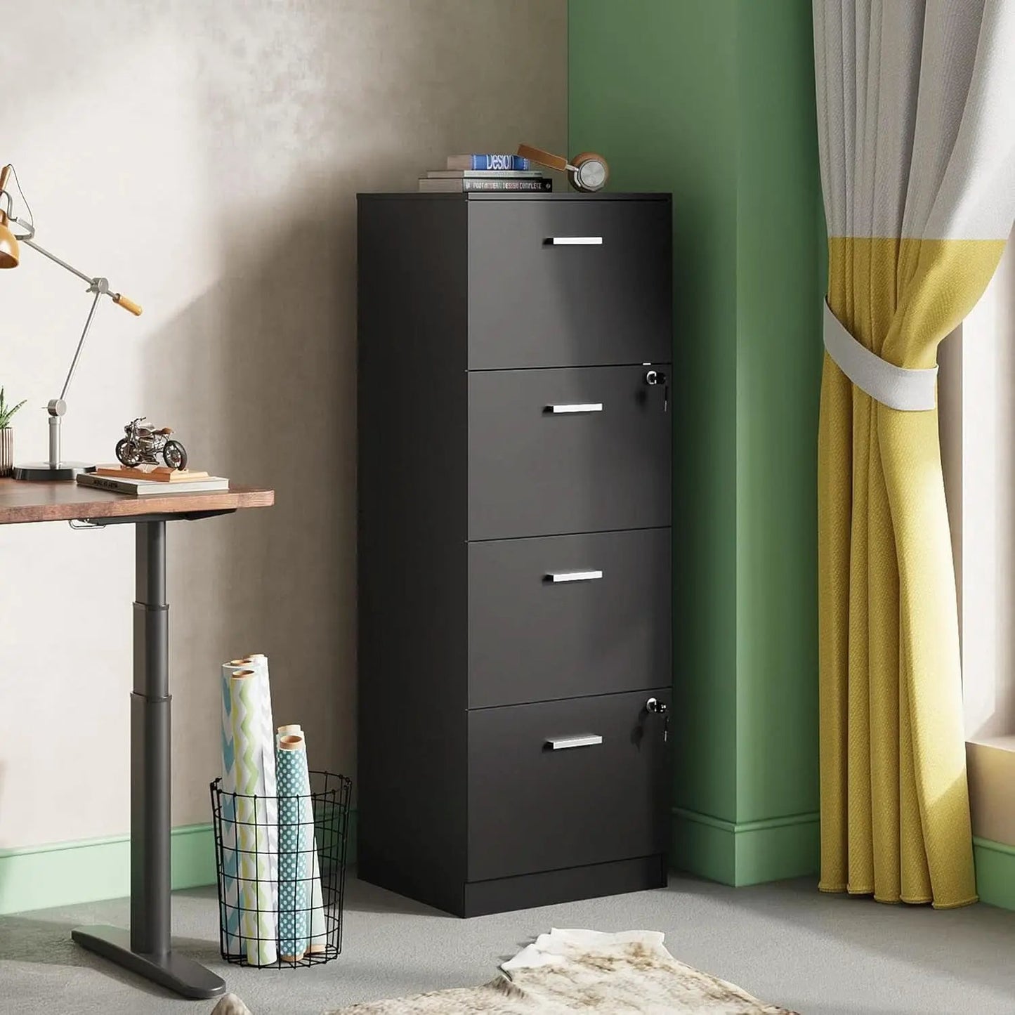 4 Drawer Locking File Cabinet For A4 And Letter Files Black Wood from PriceLows™