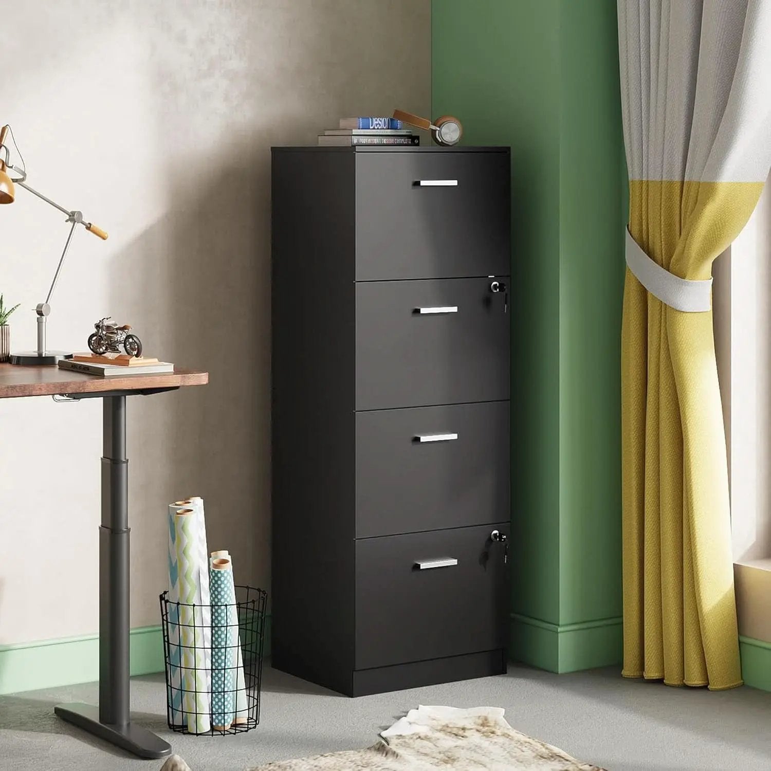 4 Drawer Locking File Cabinet For A4 And Letter Files Black Wood from PriceLows™
