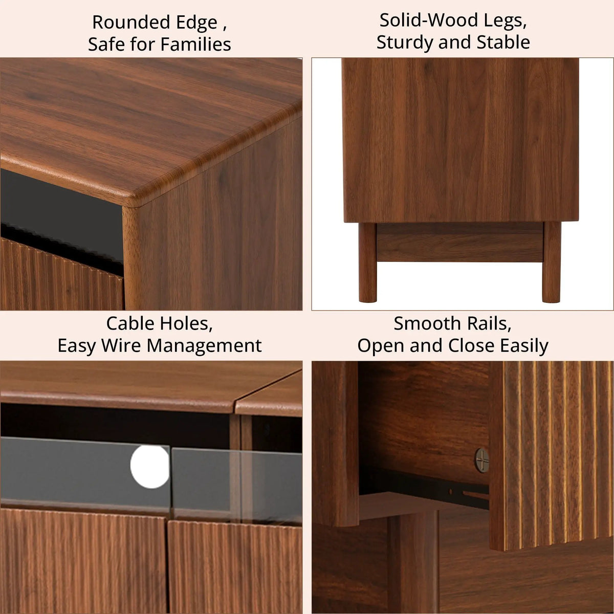 Walnut TV Stand | Fluted Glass Drawers | Entertainment Center | Family-Safe Rounded Corners