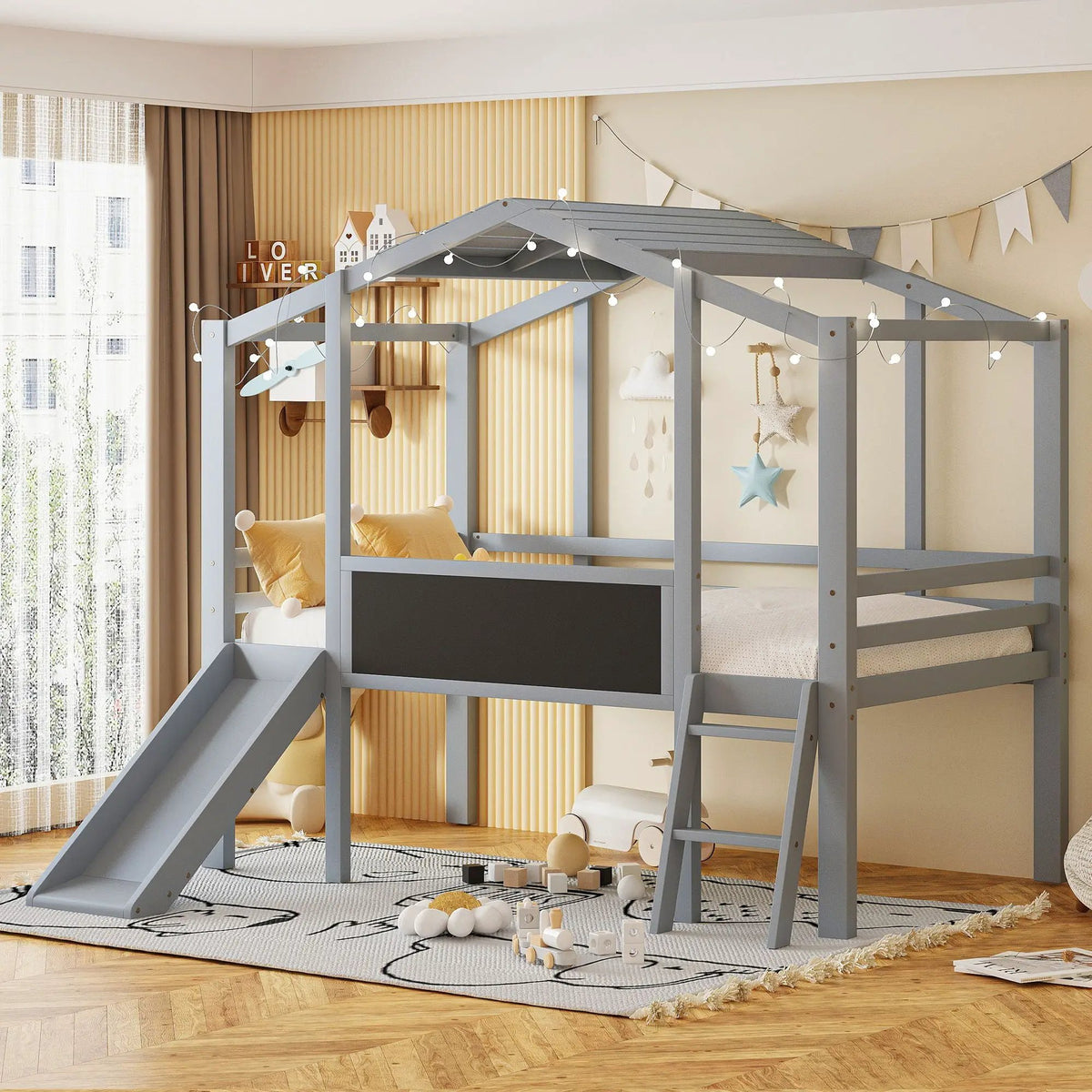 Loft House Bed | Ladder And Slide | Roof Light Strip | Safety Guardrail