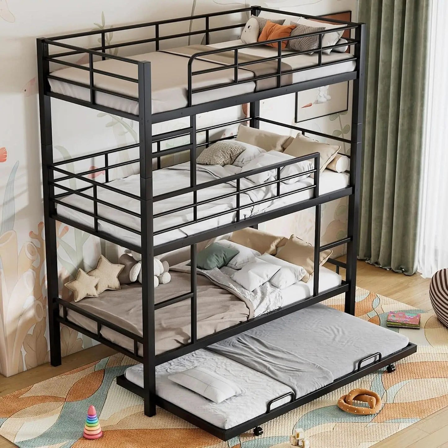 Metal Twin Size Triple Bunk Bed with Trundle, Black for Kids from PriceLows™