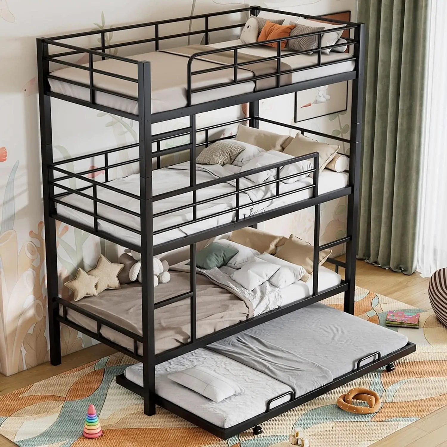 Metal Twin Size Triple Bunk Bed with Trundle, Black for Kids from PriceLows™