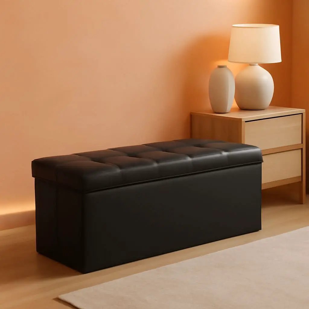 43 Inch Folding Storage Ottoman Black Synthetic Leather from PriceLows™