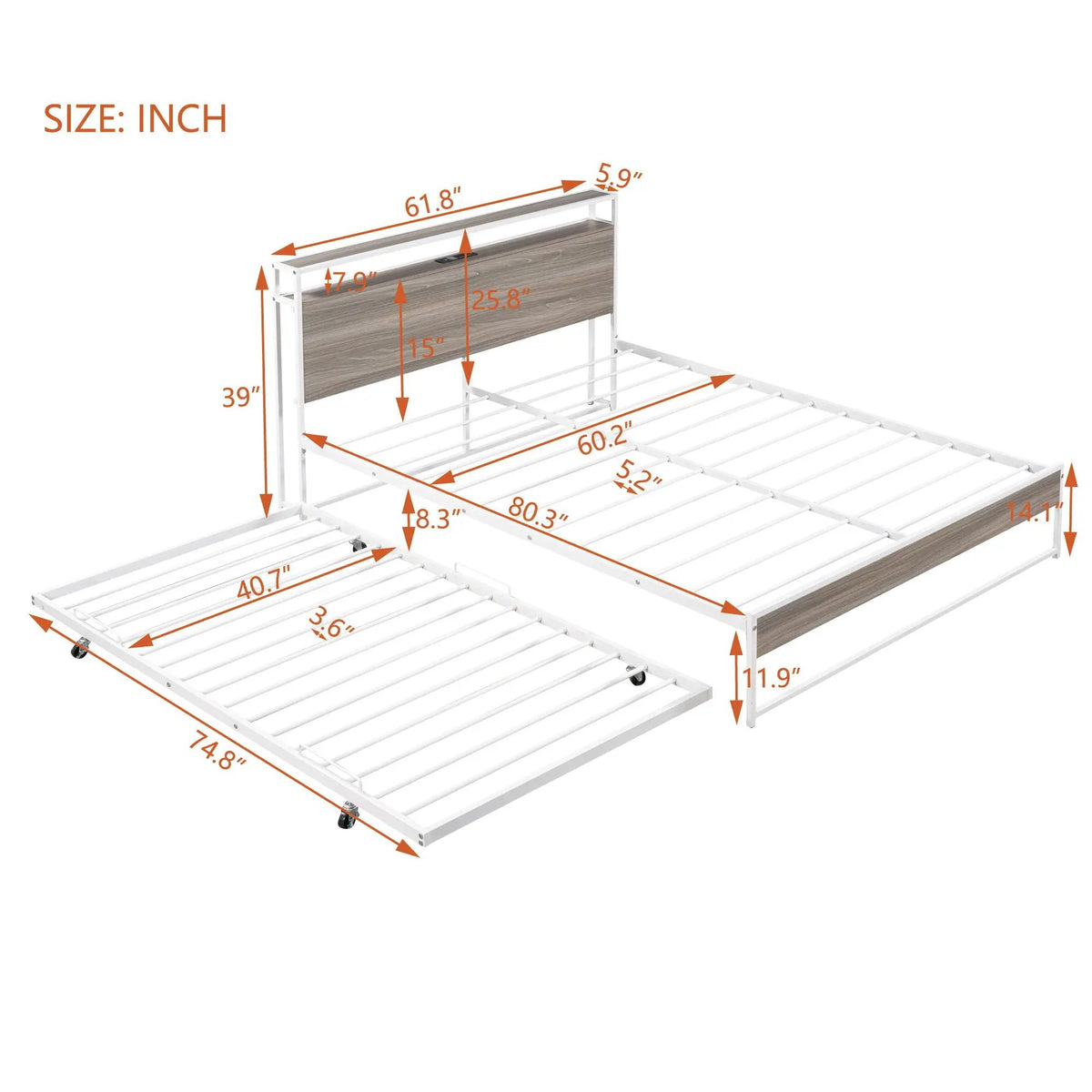 Platform Bed Frame With Trundle | USB Ports | Slat Support | Metal And Wood Build