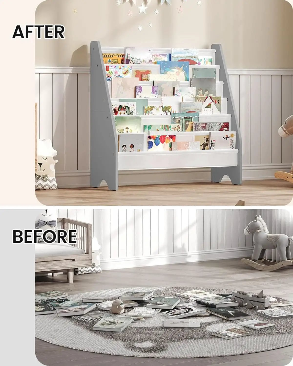 6 Tier Kids Bookshelf White And Gray Sling Book Organizer from PriceLows™