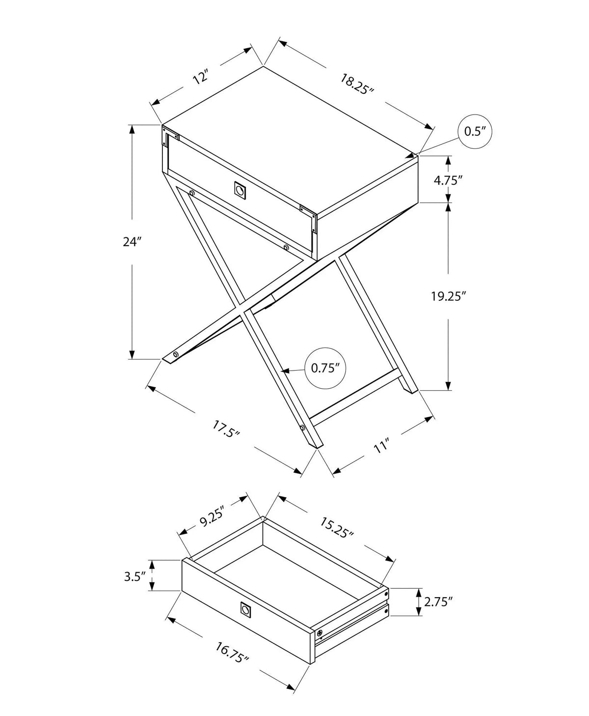 Accent Side Table | Stylish Rectangular Top | Drawer On Metal Glides | Metal Legs