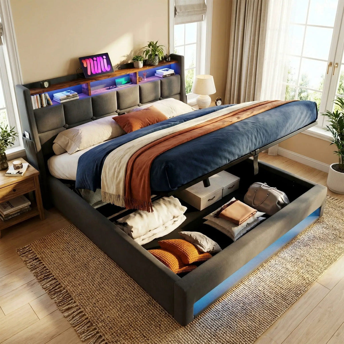 Upholstered Platform Bed | Hydraulic Storage System | LED Lighting | USB Charging Port