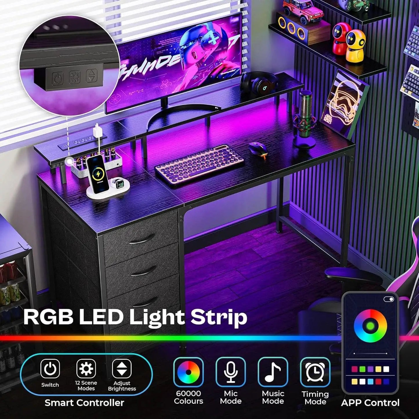 47 Inch Gaming Desk With LED Lights For Home Office from PriceLows™