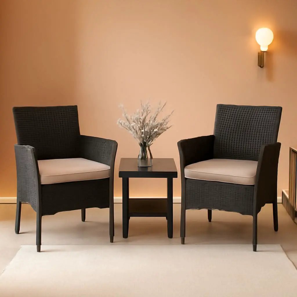 Wicker Bistro Set Cushioned Chairs Coffee Table Black Beige from PriceLows™