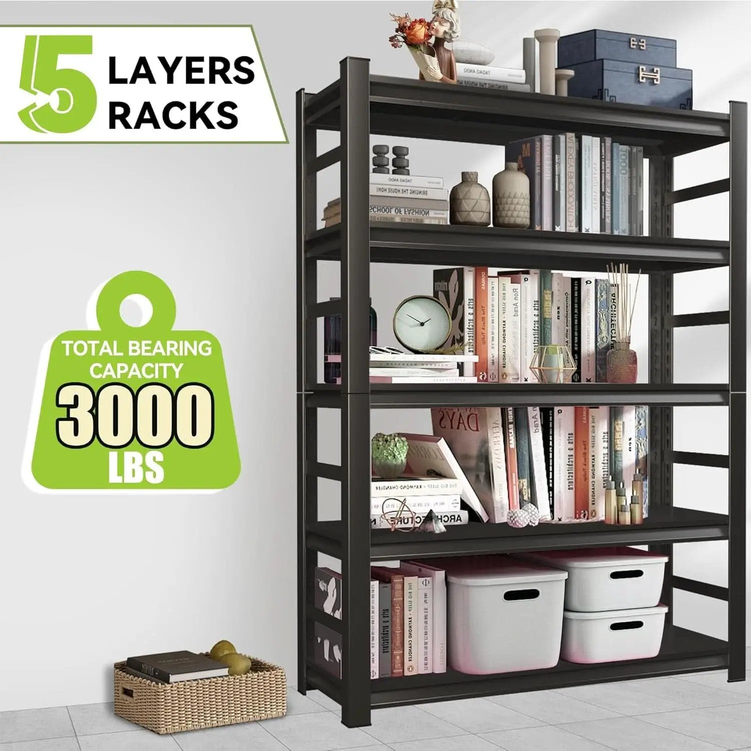 5 Tier Metal Wide Bookshelf Black Tall 72 Inch High from PriceLows™