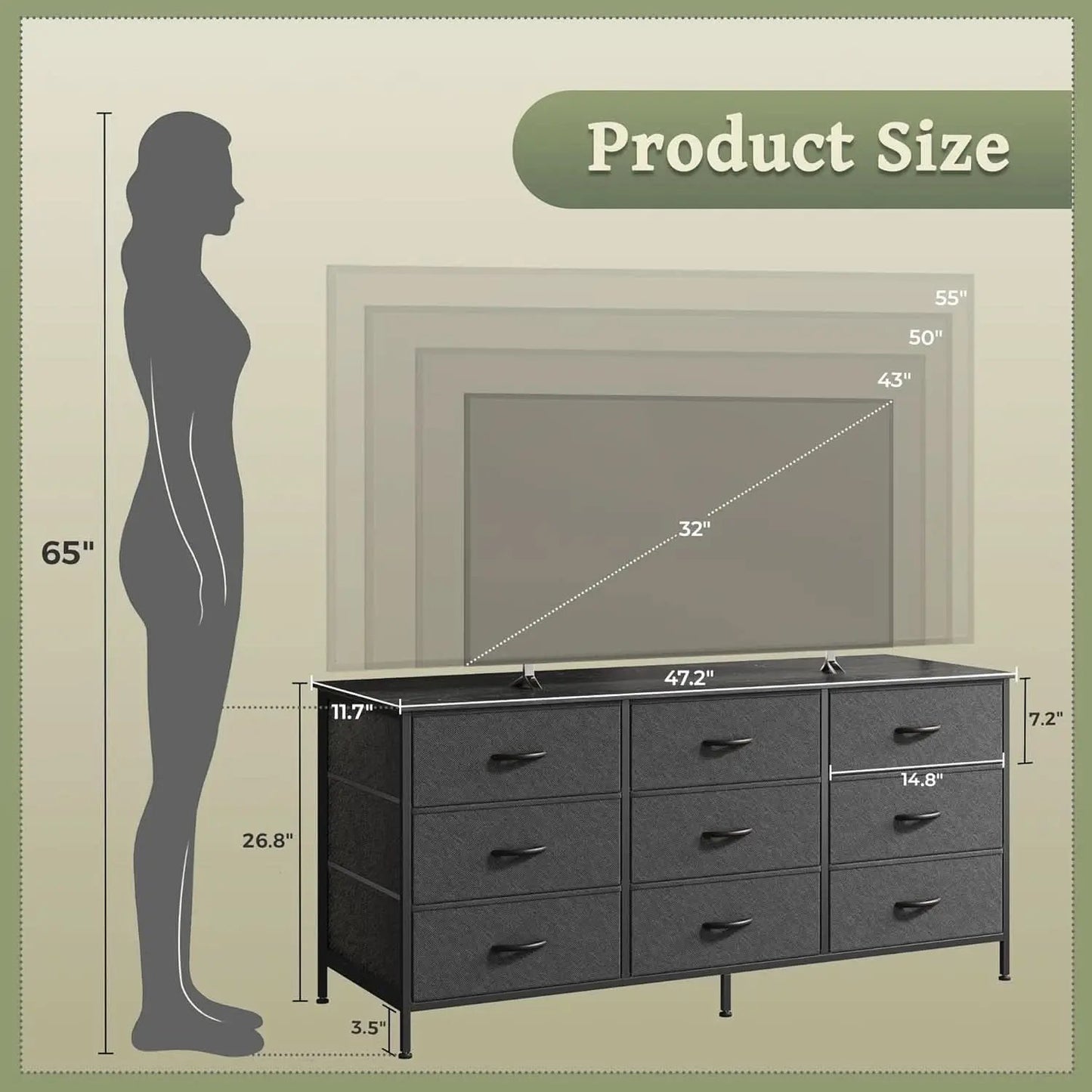 47 Inch 9 Drawer TV Stand Dresser For 50 55 Inch TVs Black from PriceLows™