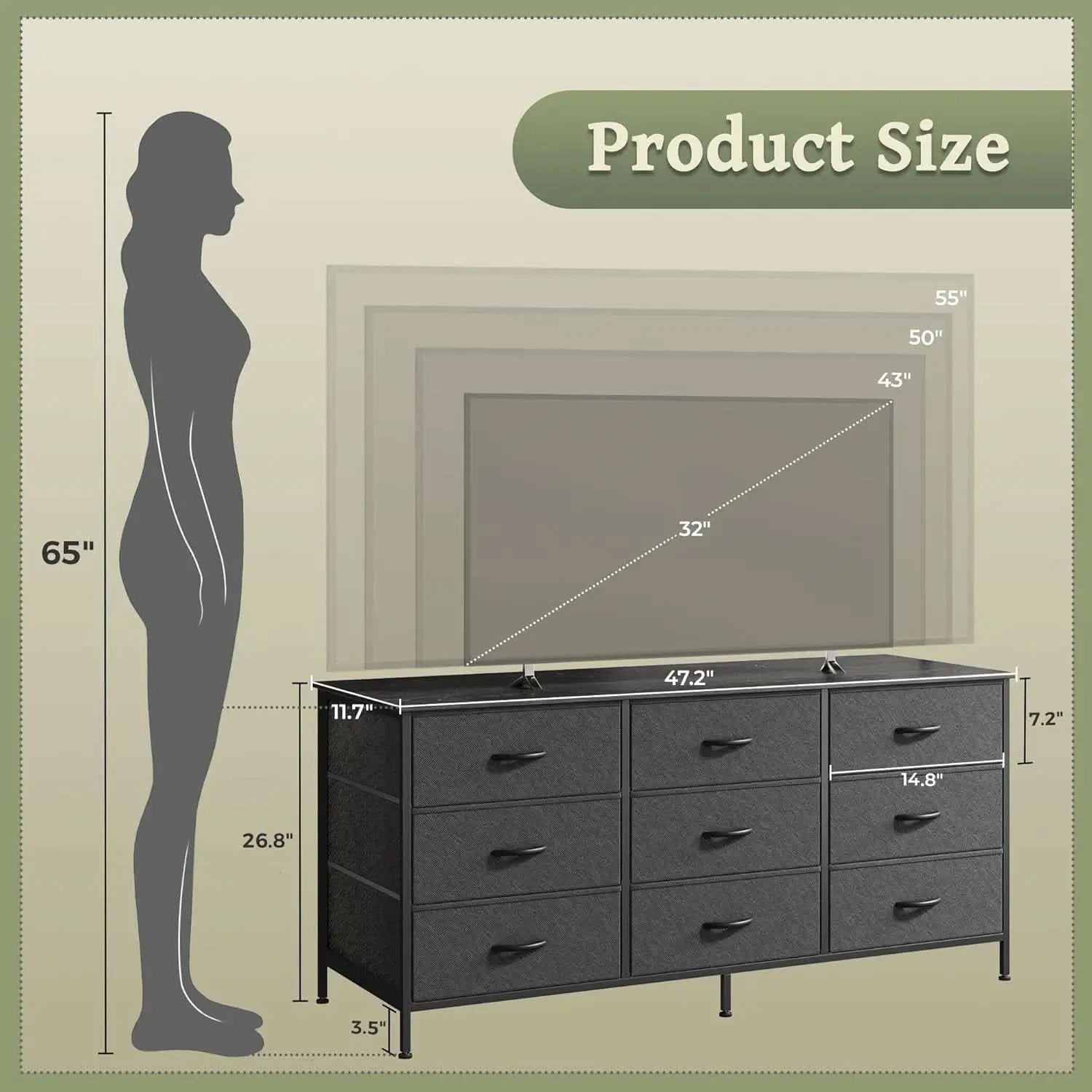 47 Inch 9 Drawer TV Stand Dresser For 50 55 Inch TVs Black from PriceLows™