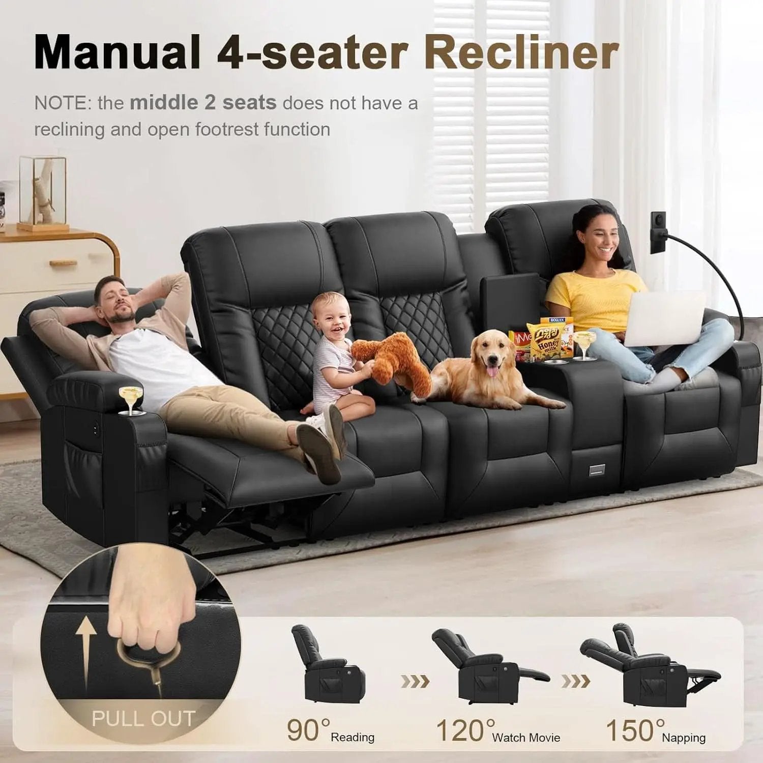 4 Seat Recliner Sofa With USB Ports And Storage Console from PriceLows™