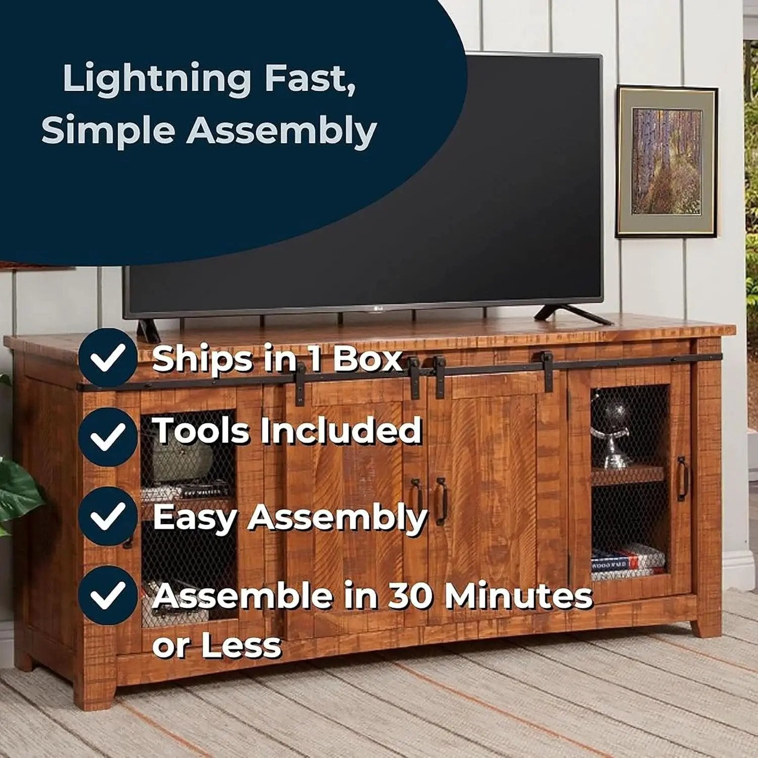 65 Inch Solid Wood TV Stand Honey Tobacco With Rustic Doors from PriceLows™