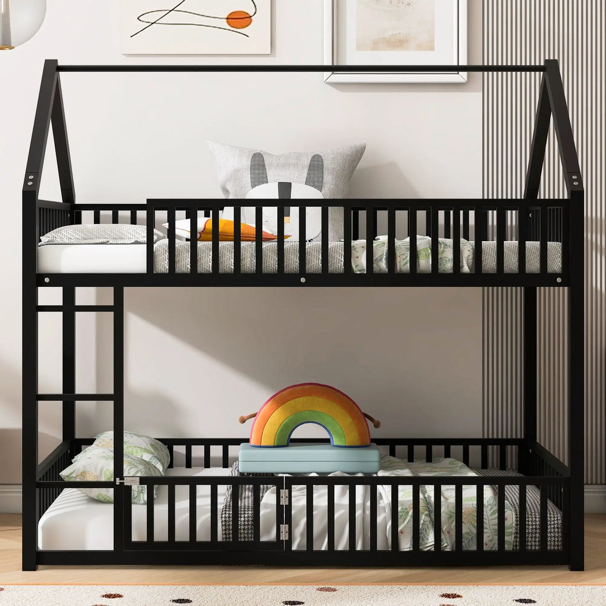 Metal House Bunk Bed | Twin Size | With Fence and Built-In Door