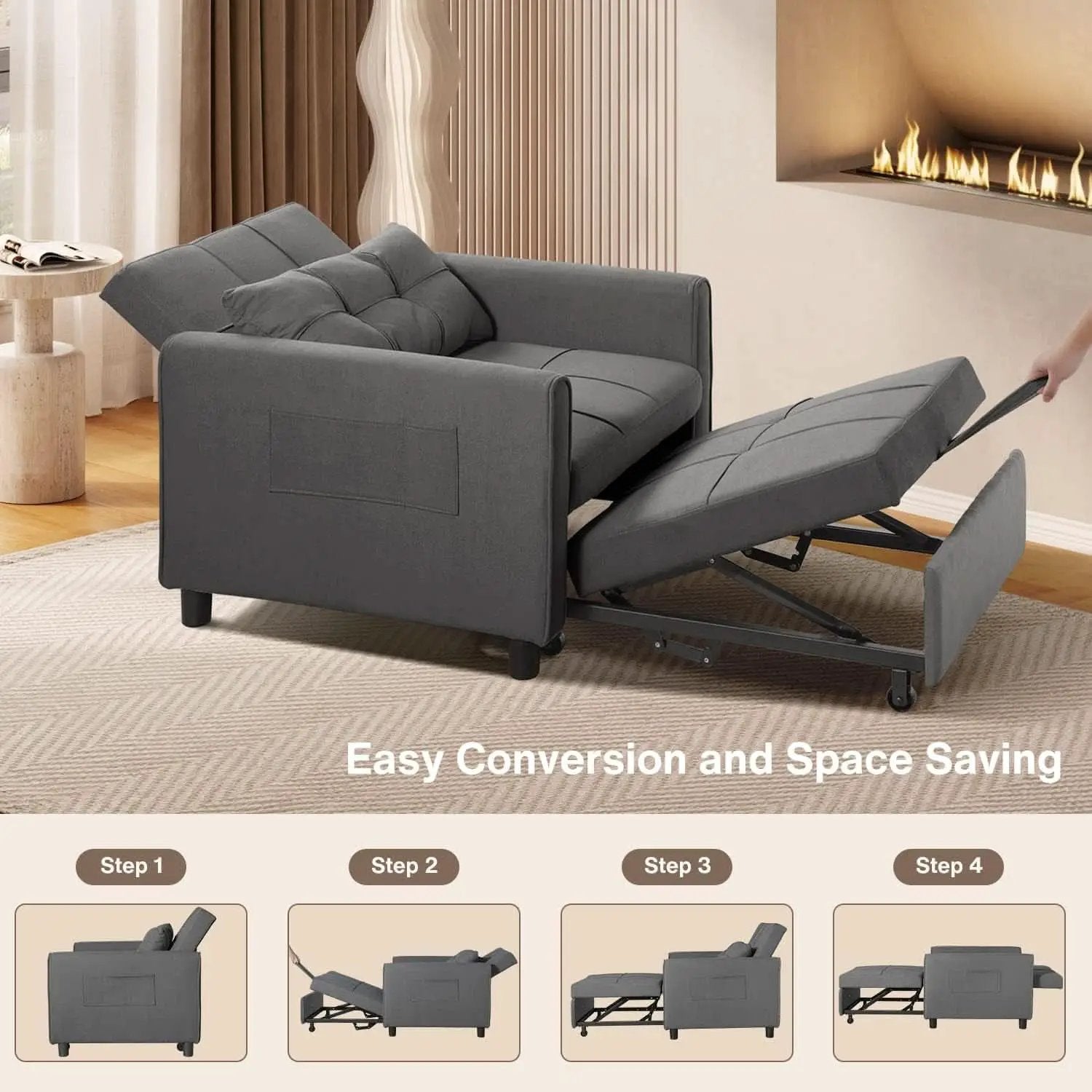 Dark Gray Sleeper Chair Bed Three In One Convertible Modern Linen Fabric Sofa from PriceLows™