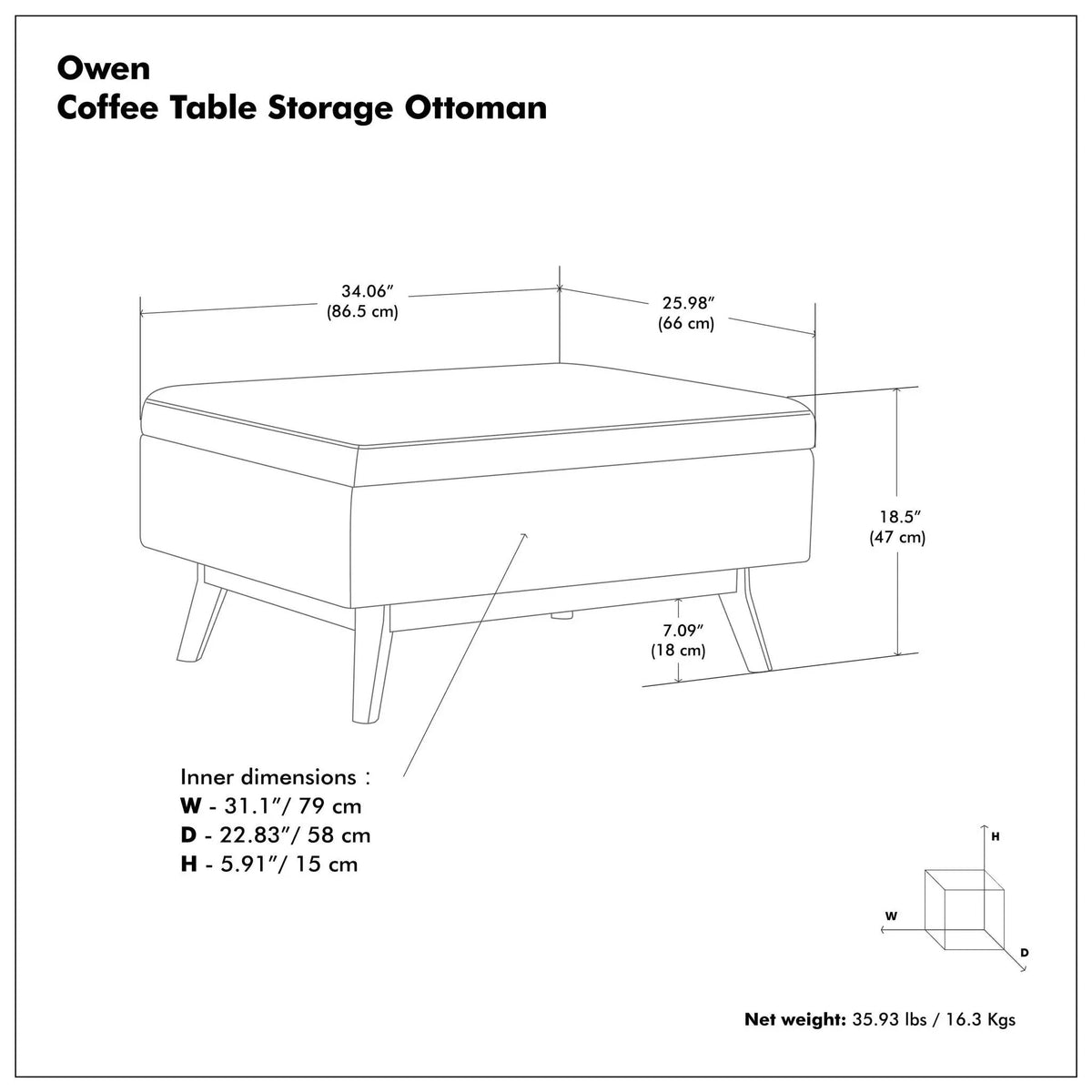 Storage Ottoman | Rectangular Design | Solid Wood Frame | Lift Top