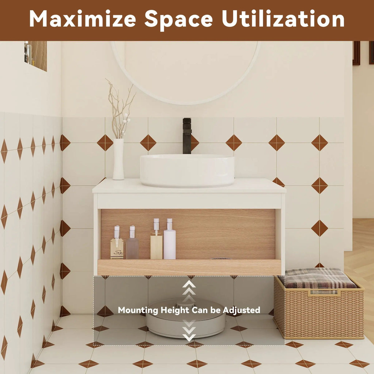 Floating Bathroom Vanity | Round Glossy Sink | Wall Mounted | Compact Design