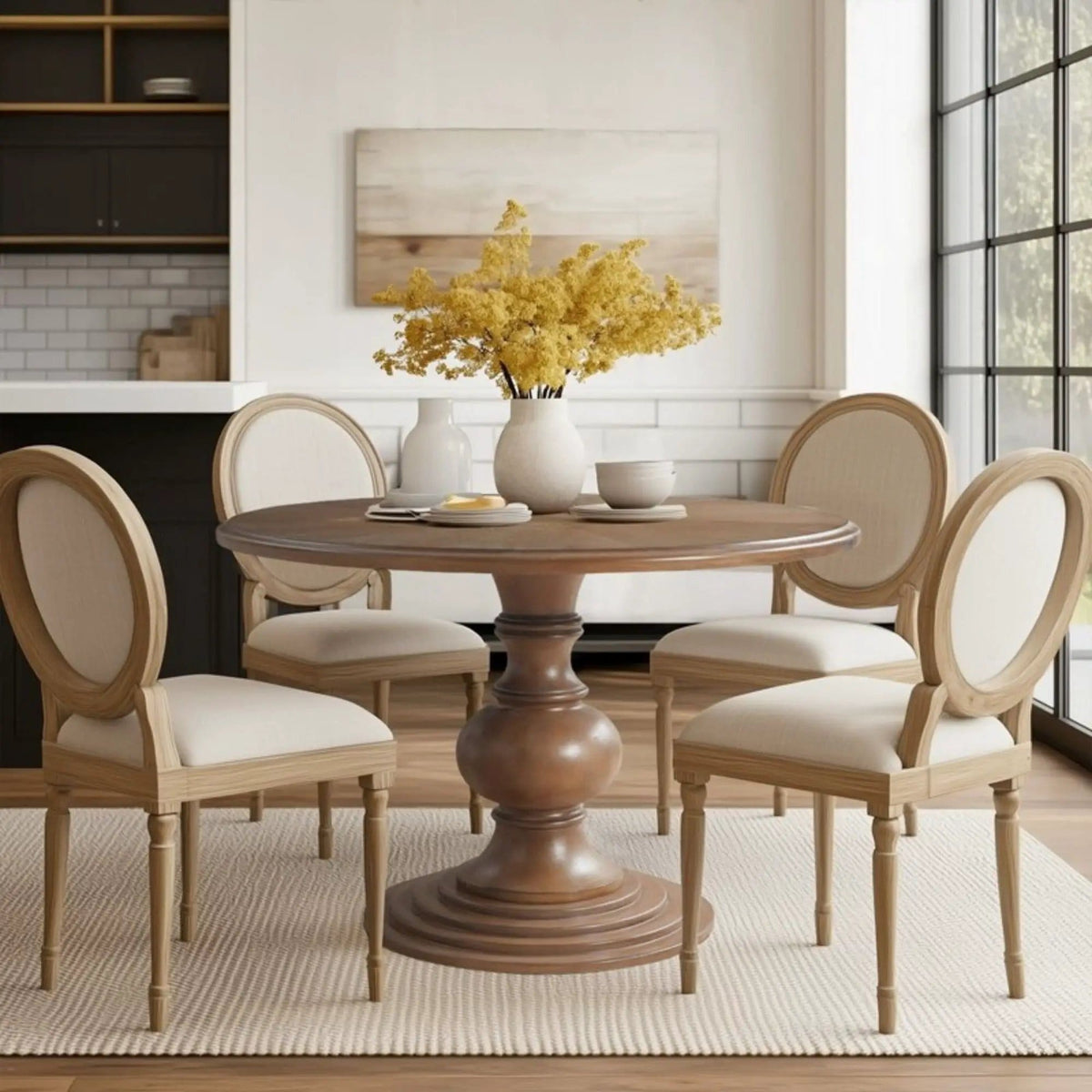 Round Pedestal Dining Table - | 46 x 46 x 30 in | Walnut & Veneer | Walnut