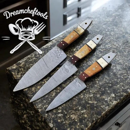 Set of Kitchen Knife 13” Handmade Damascus Steel Chef Knife with Bone & Wood/Resin | 8 Inch | Damascus Steel | Kitchen Knives Set
