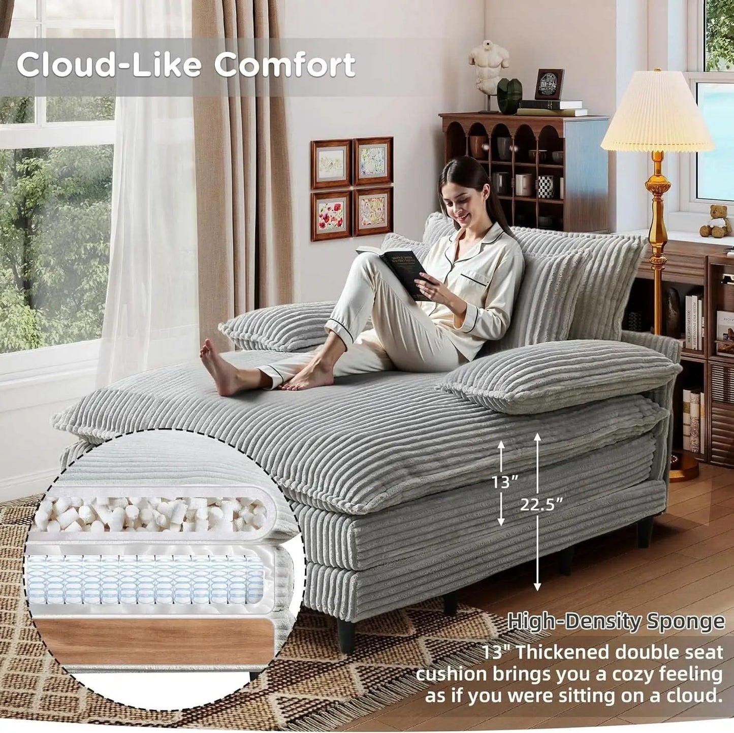 Cream Gray Oversized Chaise Lounge Adjustable Backrest from PriceLows™