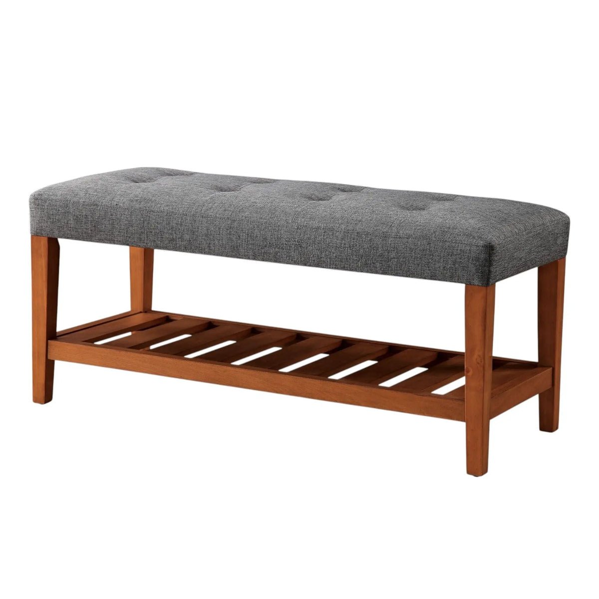 Charla Upholstered Bench | Tufted Fabric Seat | Oak Color Scheme | Armless Rectangular Design