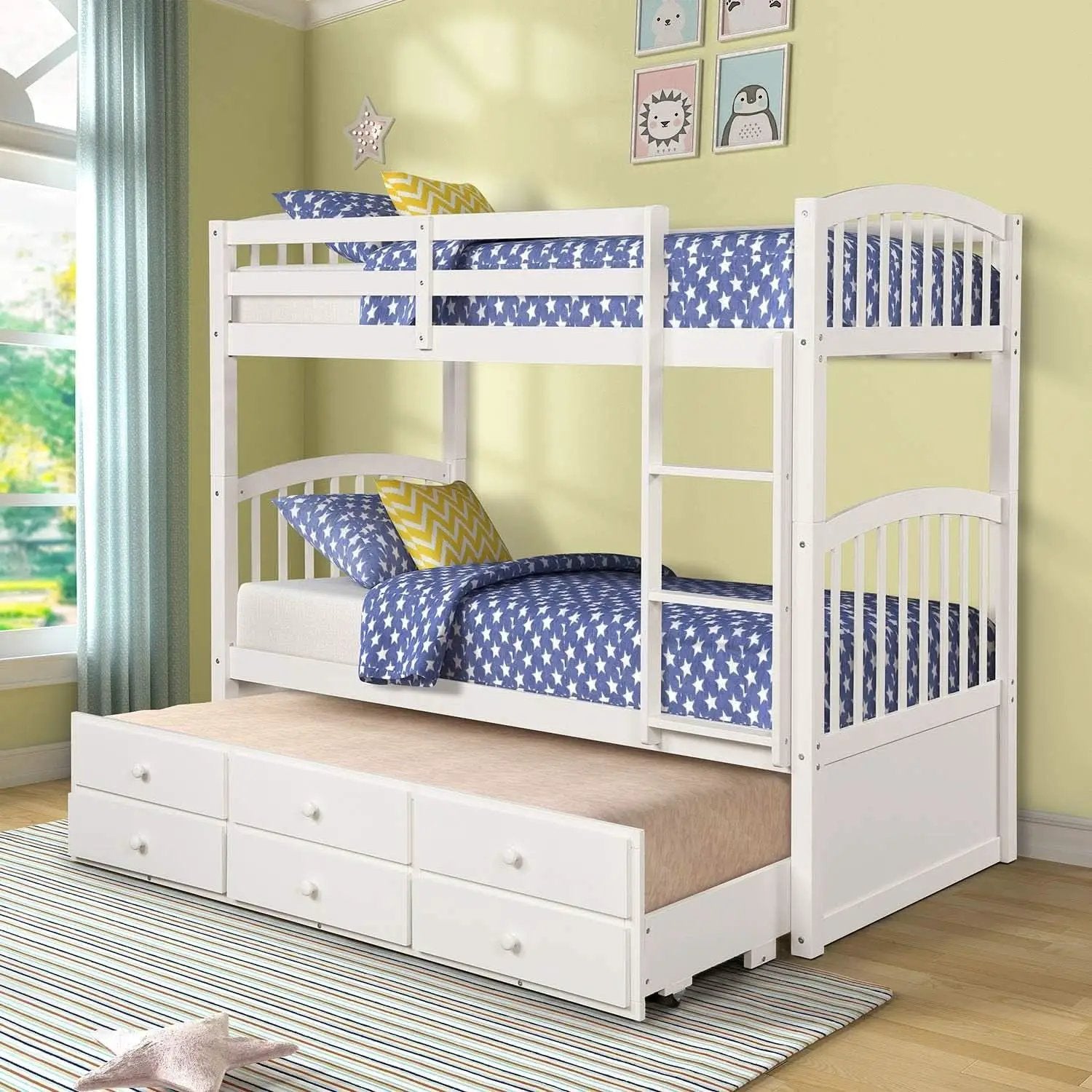 Twin Over Twin Bunk Bed With Trundle And Drawers White from PriceLows™