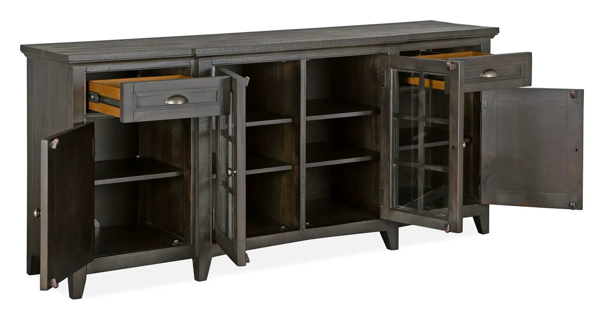Westley Falls Entertainment Console | Wood Framed Glass Doors | Felt Lined Top Drawers | 70 Inch Width