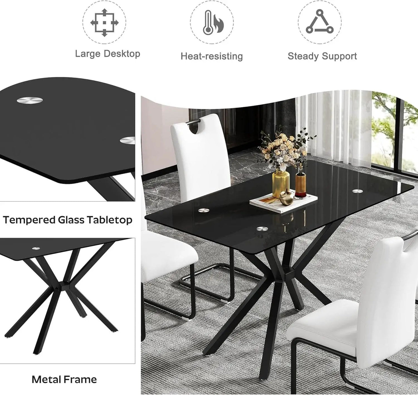 BlackGlassDiningSetForFourTuftedChairsWithNonSlipFeet from PriceLows™